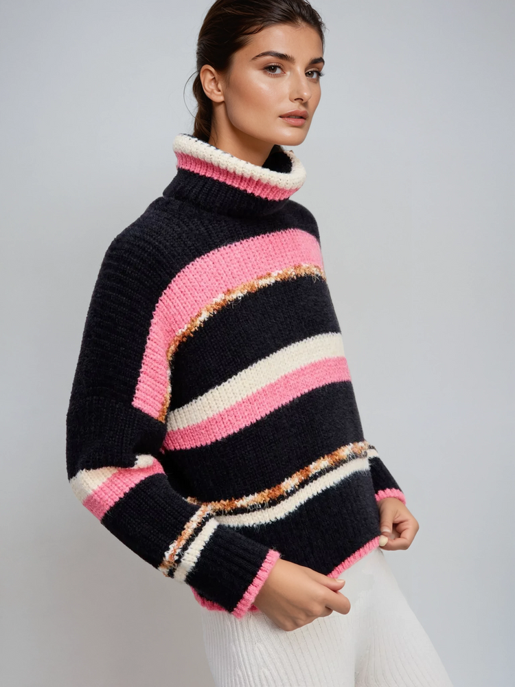 Striped Turtleneck Knit Sweater – Black/Pink