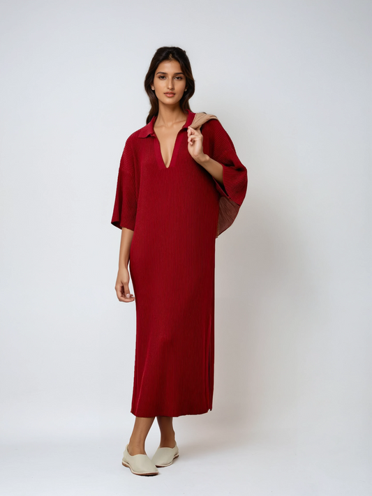 Knit Midi Dress with Collar – Deep Red