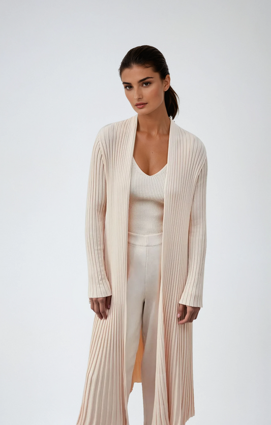 Long Ribbed Knit Cardigan – Off-Whit