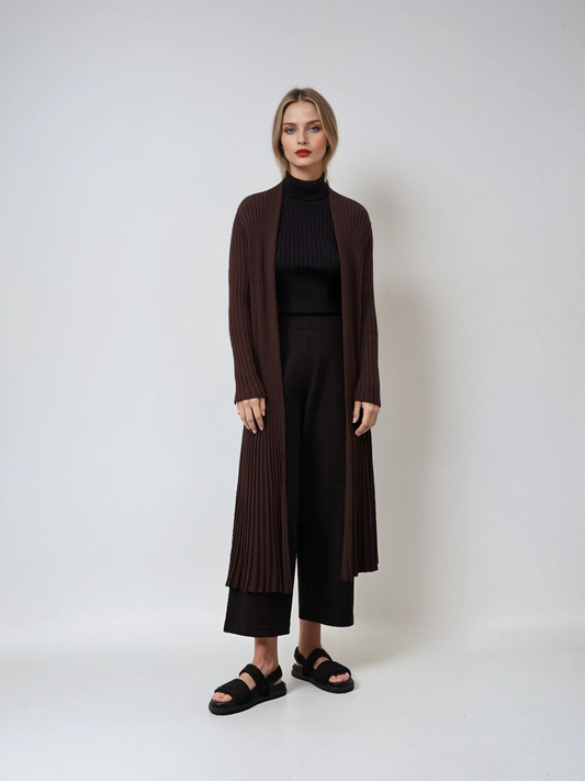 Long Ribbed Knit Cardigan – Dark Brown
