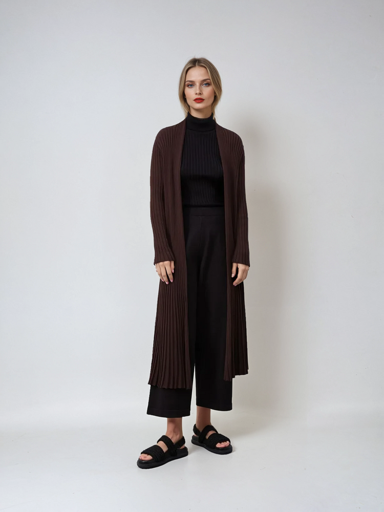 Long Ribbed Knit Cardigan – Dark Brown