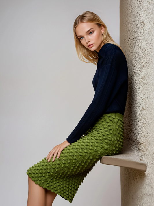 Textured Knit Midi Skirt – Olive Green